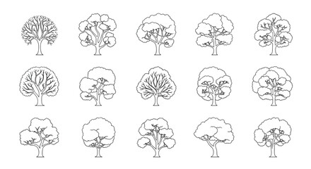 Obraz premium A diverse set of 15 black and white outline illustrations featuring various tree types, including leafy and bare branches, suitable for design projects.