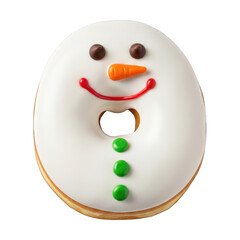 Snowman donut with white icing and candy decorations on transparent background