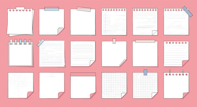 A vibrant collection of diverse white paper notes, memo sheets, and sticky note designs, featuring lined, grid, and blank styles, on a pink background.