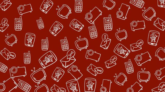 Doodle technology creates a repeating electronics pattern on a dark red background with whimsical flair. Suitable for techthemed designs.