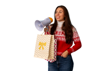 Woman wearing a christmas sweater, holding a megaphone and shopping bags, sharing news about sales and special offers