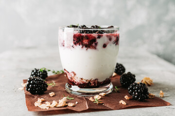 Yogurt parfait with granola and blackberry in glass on the rustic background.