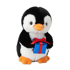Plush penguin holding a wrapped blue gift present on transparent background