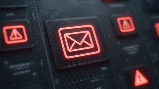 Cautionary Email Concept Featuring Digital Envelopes and Warning Symbols on a Modern Interface with Neon Effects