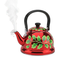 Steaming red christmas kettle with holly decoration on transparent background