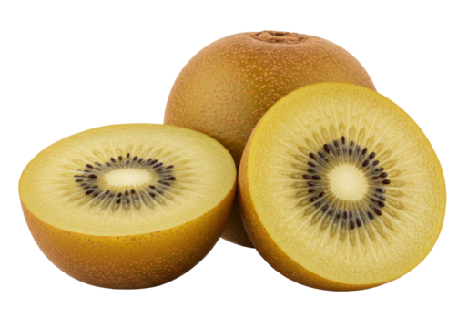 Two perfectly sliced golden kiwi fruit halves with vibrant yellow flesh, black seeds, and textured brown skin, on a transparent background with copy space, concept of natural freshness and healthy