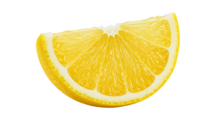 A single, perfectly formed lemon wedge with vibrant yellow pulp, glistening juice vesicles, detailed peel, and white pith, isolated on a transparent background with copy space, concept for refreshing