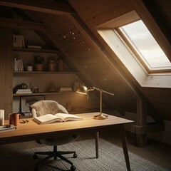 Sunlit rustic attic home office with a wooden desk and skylight.