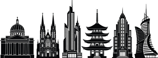 Global architecture styles, classical dome, gothic cathedral, modern skyscraper, Japanese pagoda, futuristic buildings, cultural landmarks, city skyline, iconic structures