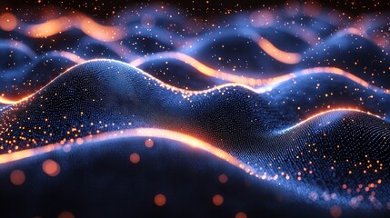 Dynamic Abstract Particle Waves: Luminous Orange Trails on a Dotted Blue Surface with Bokeh