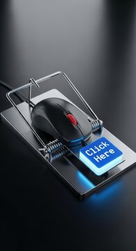Digital vulnerability concept depicting a computer mouse caught in a digital mousetrap