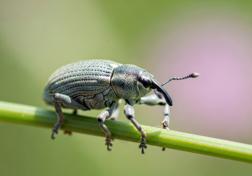 Close up macro shot of a small grey weevil insect with a long snout on a green stem