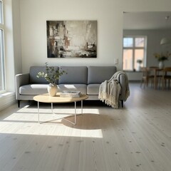Sunlit Scandinavian living room with a grey sofa and abstract art.