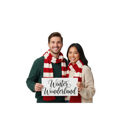 Couple holds winter wonderland sign with red scarf on transparent background