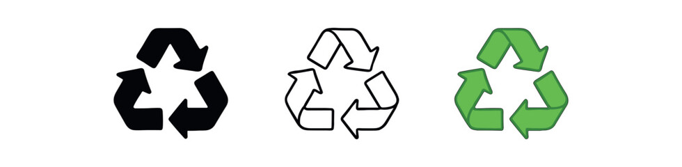 Obraz premium recycling symbol icon on white background Black silhouette flat icon outline icon and colored icon style three minimal vector icon style