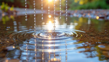 Stunning water droplets falling into a reflective pool at sunrise creating ripples, perfect for wellness brands or tranquil mindfulness campaigns