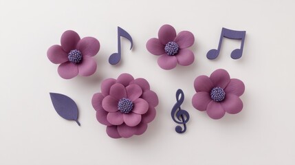 Charming Purple Flowers With Musical Notes in a Composition on a Light Background for Creative Art and Design Projects