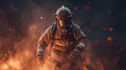 Fototapeta premium Brave firefighter battling intense flames while extinguishing a fierce fire in a dramatic and dangerous environment filled with smoke and embers