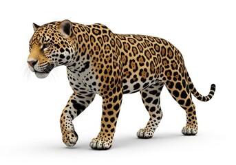 Fototapeta premium Majestic jaguar with distinctive spotted coat walks confidently on a white background