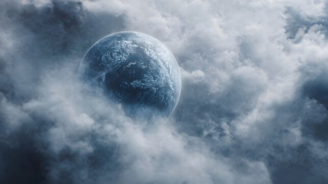 A textured icy planet with visible craters is partially obscured by thick dramatic clouds in the deep expanse of outer space