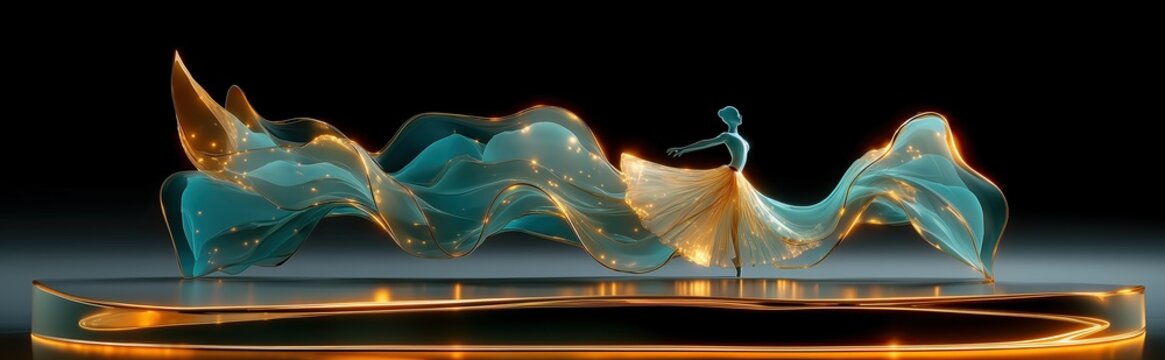 Escultura de bailarina con ondas en forma de movimiento tras de ella, como representaci&oacute;n del baile de ballet, recreando formas org&aacute;nicas semejante al vidrio en tonos azules y &aacute;mbar sobre base cristal