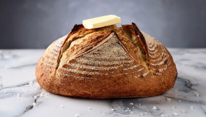 freshly baked artisan bread loaf with butter and coarse sea salt on a marble surface ideal for food blogs or bakery promos