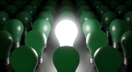 A single bright white light bulb glowing in a dark environment, surrounded by rows of unlit green bulbs, symbolizing innovation, unique idea, difference, and standing out from the crowd