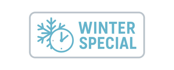 Flat vector banner design icon of snowflake and clock together near text WINTER SPECIAL light blue and silver rectangular layout