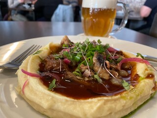 Czech beer with gourmet meat, mashed potatoes and gravy