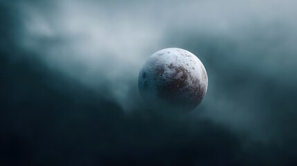 A tranquil cratered celestial body emerges from dense atmospheric clouds in a dark moody sky