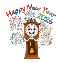 Cartoon clock celebrates happy new year 2026 with fireworks on transparent background