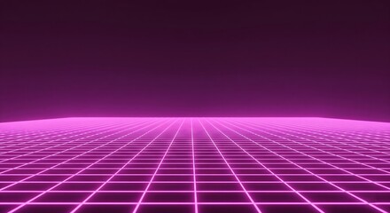 Striking retrowave or synthwave abstract background featuring a glowing pink neon grid extending into the distance over a dark purple void, evoking a futuristic 80s aesthetic