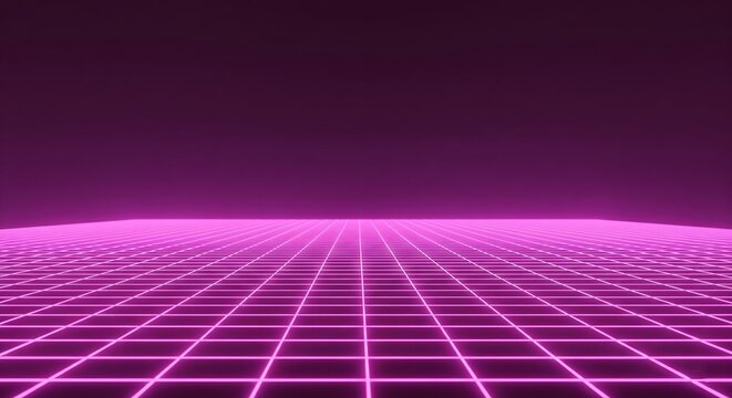 Striking retrowave or synthwave abstract background featuring a glowing pink neon grid extending into the distance over a dark purple void, evoking a futuristic 80s aesthetic - Powered by Adobe