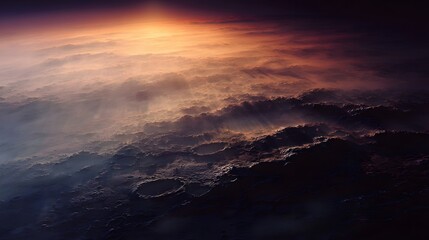 A dramatic alien landscape under a golden sunrise with misty atmosphere and cratered terrain