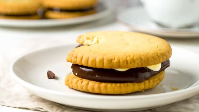 Close-up of a golden round cookie sandwich with chocolate and white cream filling, a bite taken, on a white plate