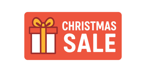 Flat vector banner design icon of present with bow beside text CHRISTMAS SALE red and white rectangular coupon