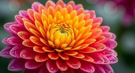 Stunning close-up of a vibrant dahlia flower in full bloom, featuring concentric rings of pink and orange-yellow petals covered in glistening water droplets, set against a soft, dark green background