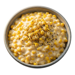 Creamy homemade creamed corn with fresh kernels, rich pale yellow sauce, and black pepper. Perfect for Thanksgiving, holiday menus, recipe blogs, or comfort food advertising.
