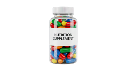 Bottle of colorful nutrition supplement pills and capsules.