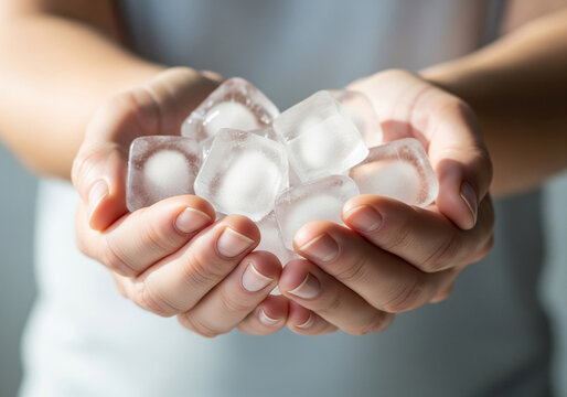 Cupped hands tenderly hold a refreshing collection of crystal clear ice cubes, promising cool relief and crisp refreshment on a warm day