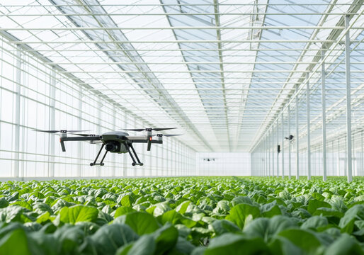 Advanced drone monitors lush green crop growth in a bright, modern greenhouse, showcasing precision agriculture technology for efficient farming.
