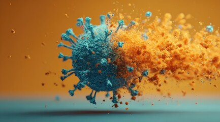 A turquoise virus bursts into a cloud of orange particles against an orange backdrop