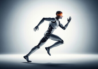 Obraz premium Futuristic humanoid robot sprinting forward with glowing eyes, symbolizing speed, innovation, and the relentless pursuit of progress in technology and business.