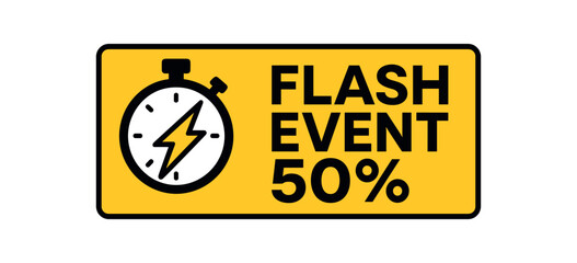 Flat vector banner design icon of stopwatch with lightning bolt near text EVENT 50% black and rectangle with bold font