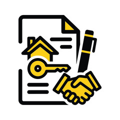 Obraz premium Real estate deal icon with house key and handshake isolated on transparent background