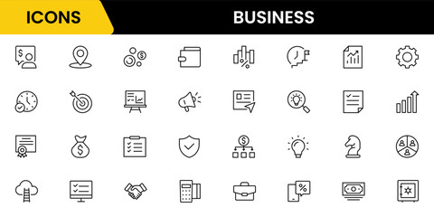 Business and Finance web icons in line style. Money, bank, contact, infographic. Icon collection. Vector illustration.