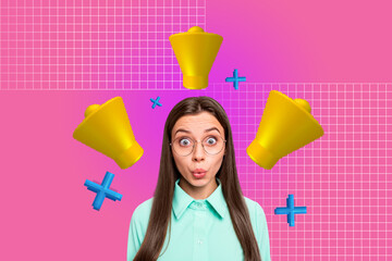 Sketch art image poster 3d banner collage of happy girl stand bell notification deadline emoji...