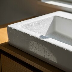 Textured white concrete washbasin illuminated by morning sunlight on a wooden countertop.