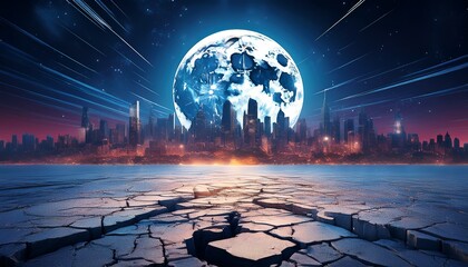 night city skyline with a huge full moon and cracked foreground