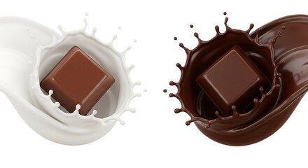 Symmetrical dynamic splash of milk and chocolate liquid surrounding two solid square candy pieces, isolated on a clean white background